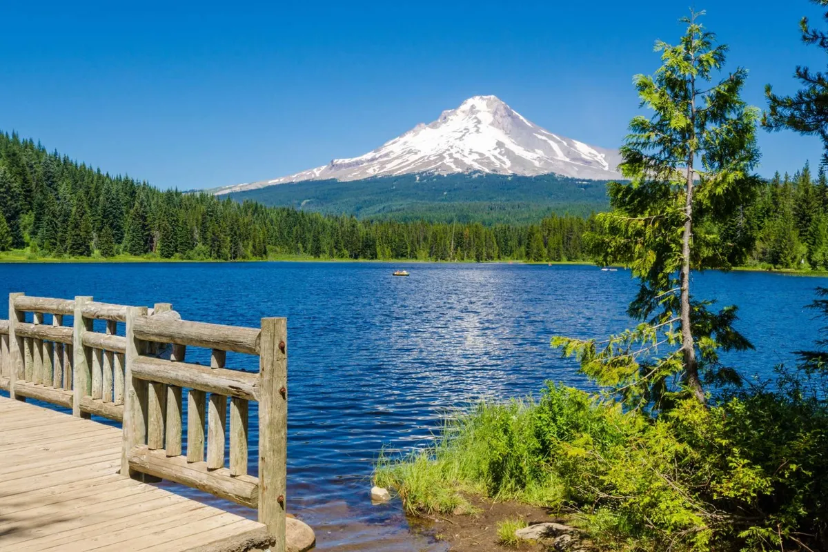 A picturesque view of a tranquil lake with a wooden dock in the foreground, surrounded by dense green trees and dominated by a snow-capped mountain in the background. The calm water reflects the mountain and sky, inviting thoughts of kayaking, fishing, or simply relaxing by the shore. The natural scenery exudes serenity and a sense of adventure.