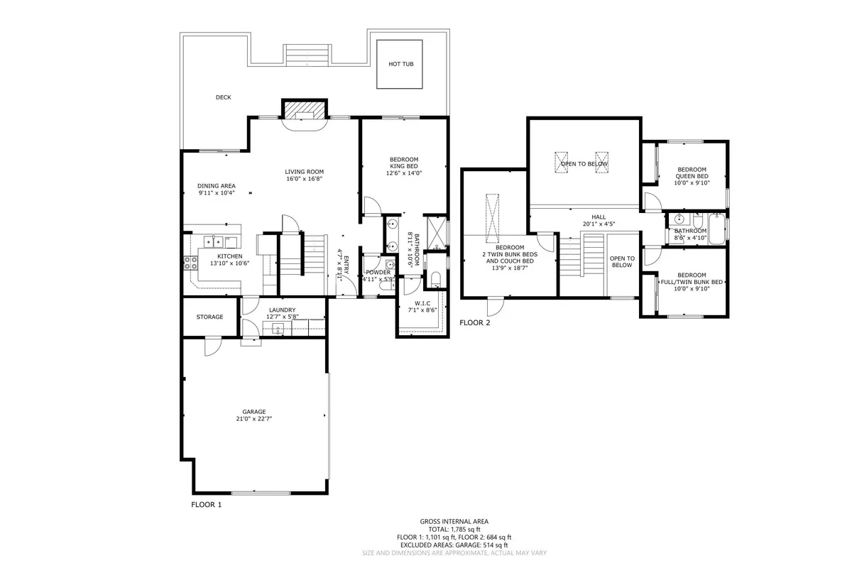 A wide-angle shot capturing the flow between the kitchen, living room, and dining area, with a view of the deck and hot tub beyond. The scene includes areas for cooking, entertaining, lounging, and enjoying views, encapsulating the home's resort-style layout.